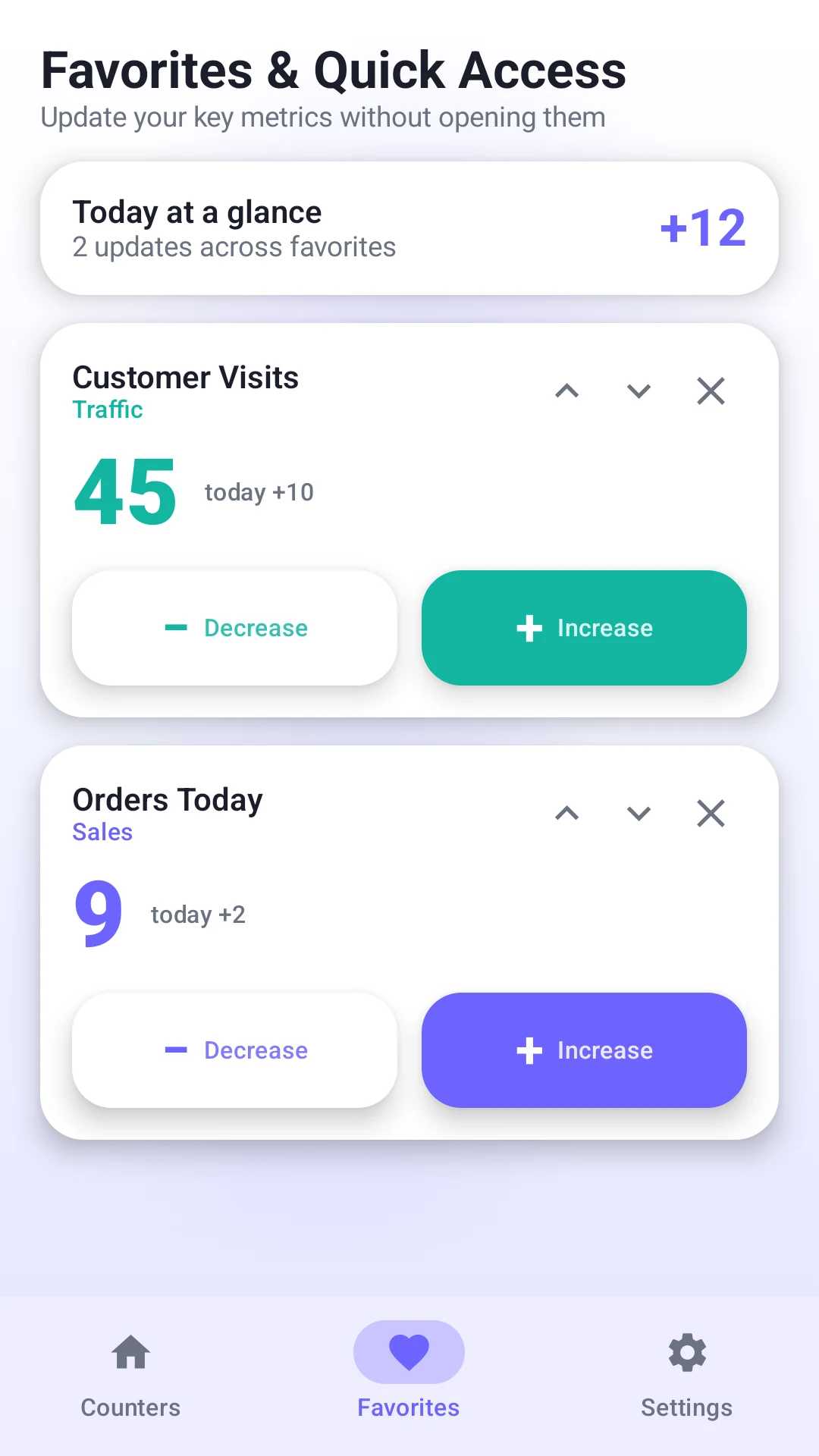 White Number Counter favorites and quick access screen